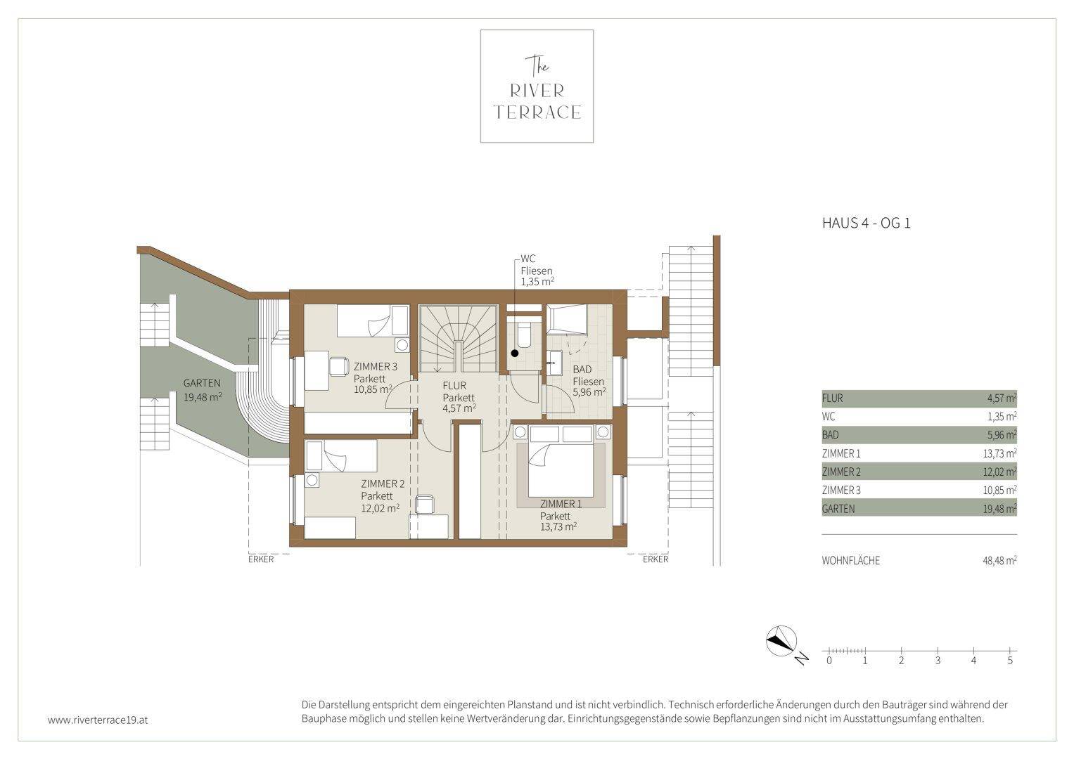 Grundriss des ersten Obergeschosses von Haus 4 mit drei Schlafzimmern, Bad und separatem WC.