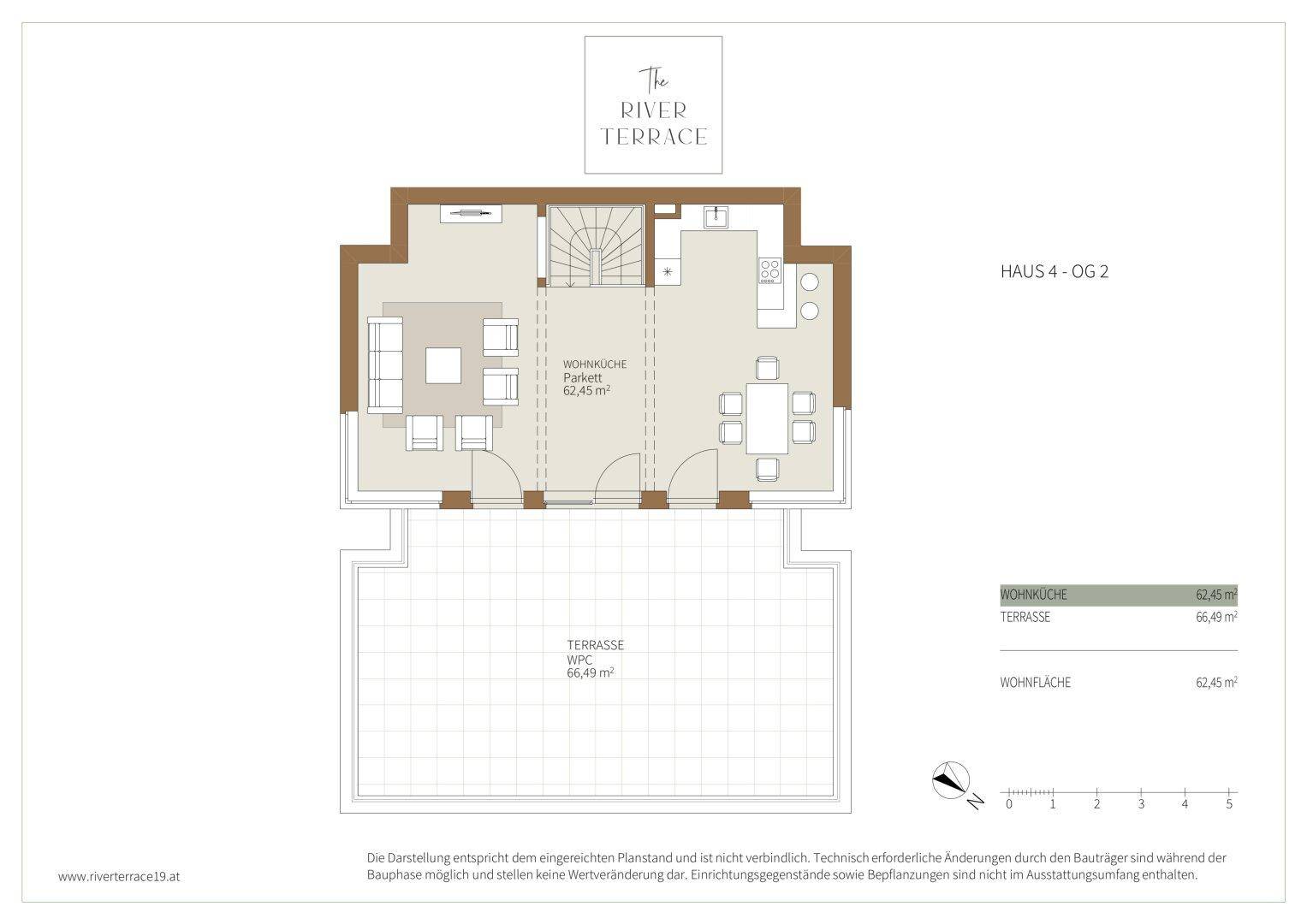 Grundriss des zweiten Obergeschosses von Haus 4 mit offener Wohnküche und großer Terrasse.