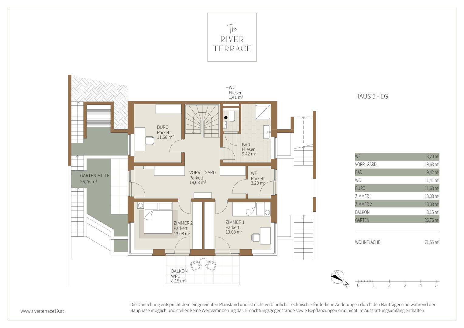 Grundriss des Erdgeschosses von Haus 5 mit Garten, Balkon und zwei Schlafzimmern.