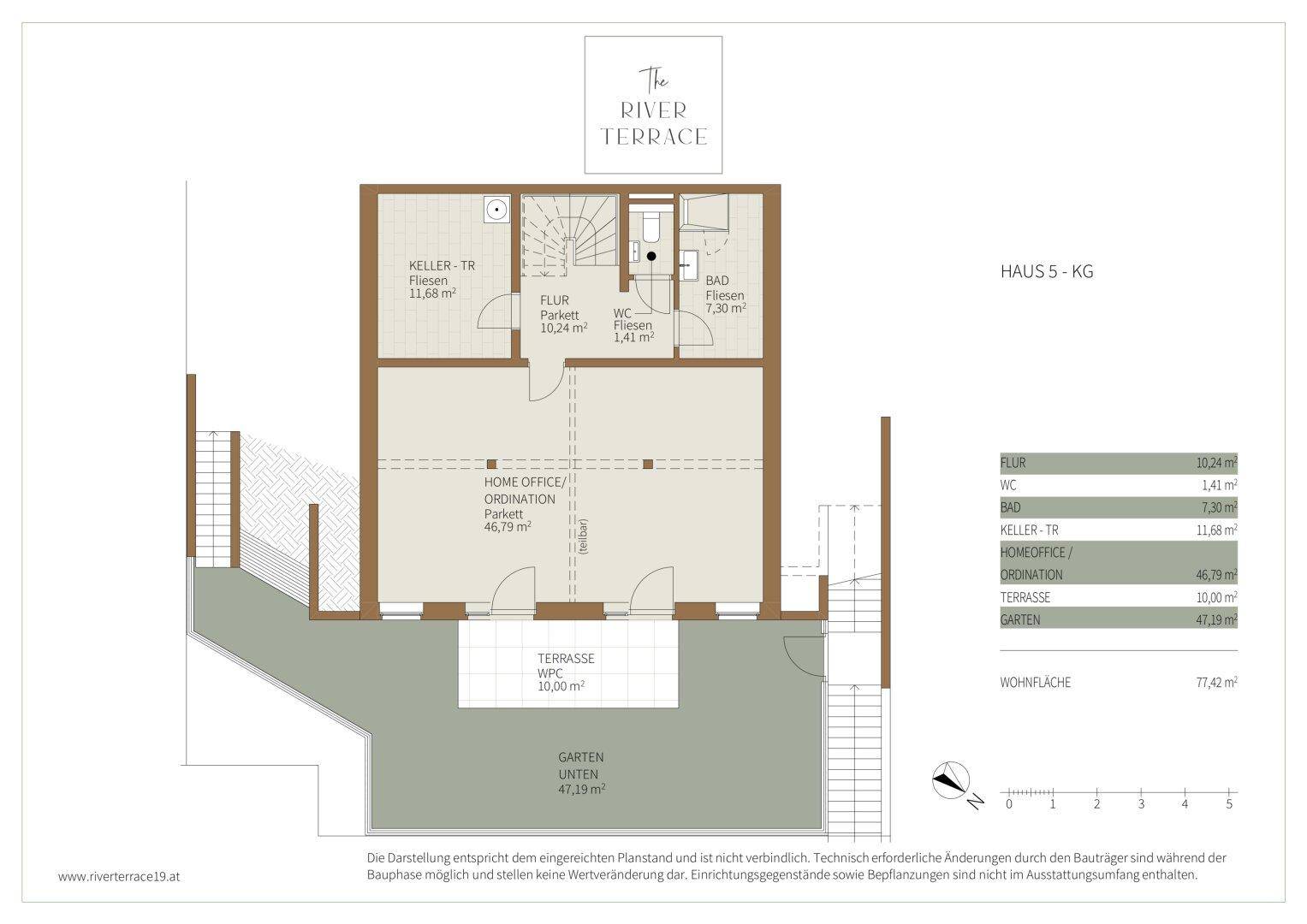 Grundriss des Kellergeschosses von Haus 5 mit Terrasse, Garten und Home-Office-Bereich.
