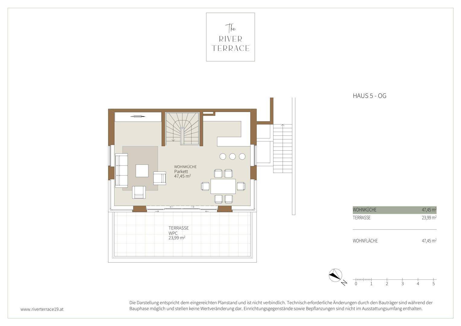 Grundriss des Obergeschosses von Haus 5 mit großer Wohnküche und angrenzender Terrasse.