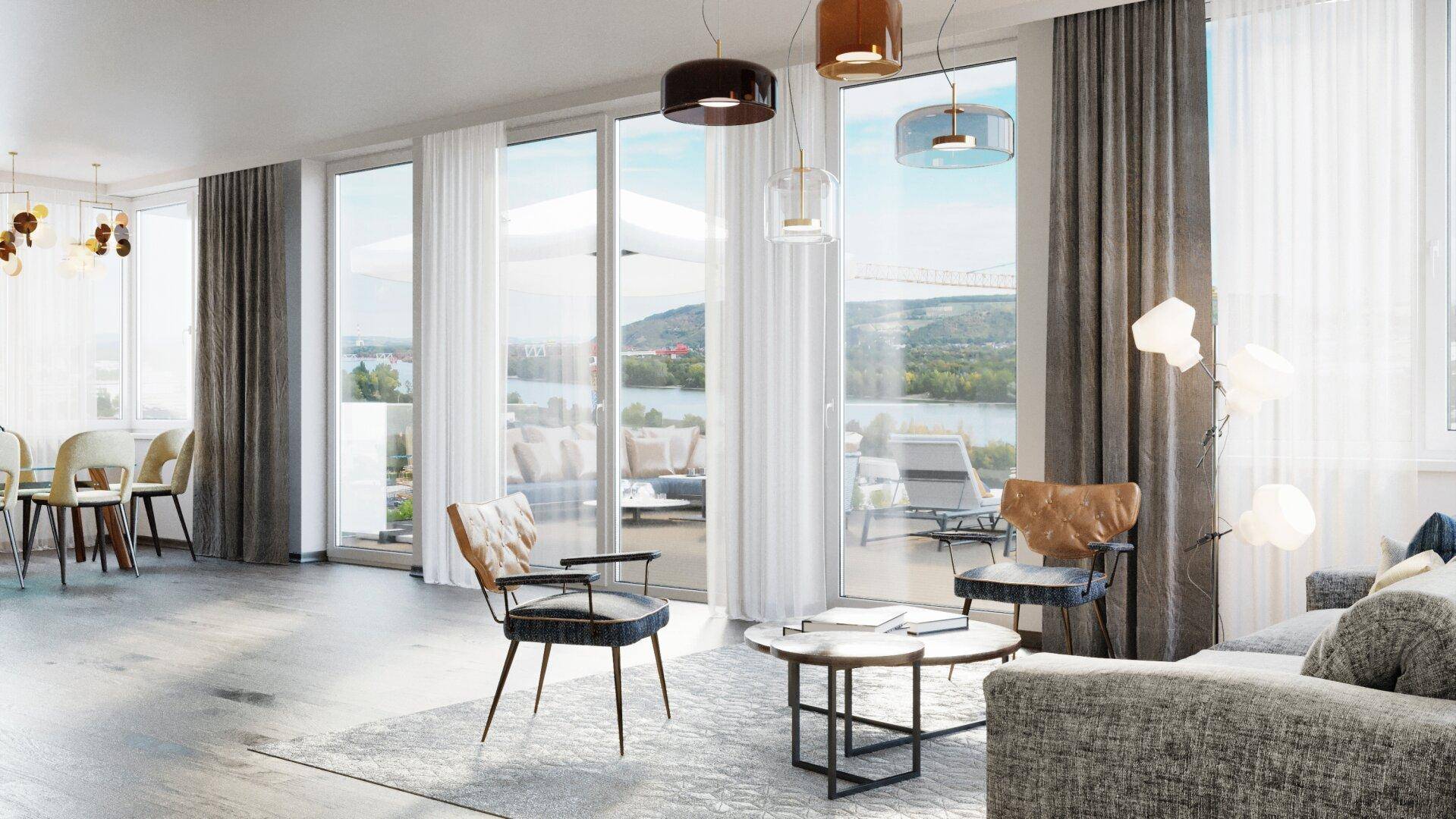 Helles Wohnzimmer mit großen Fenstern, die einen weiten Blick auf den Fluss und die Terrasse bieten.