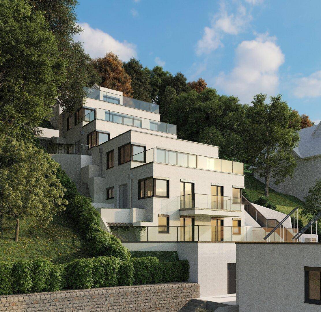 Moderne Terrassenhäuser in Hanglage, umgeben von viel Grün und Bäumen.