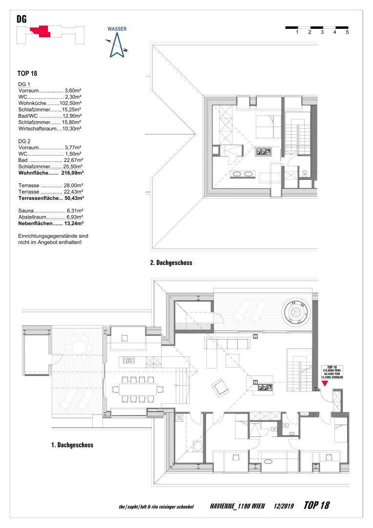 Grundriss einer Maisonette-Wohnung über zwei Dachgeschosse mit offener Wohnküche, Terrassen und Sauna.