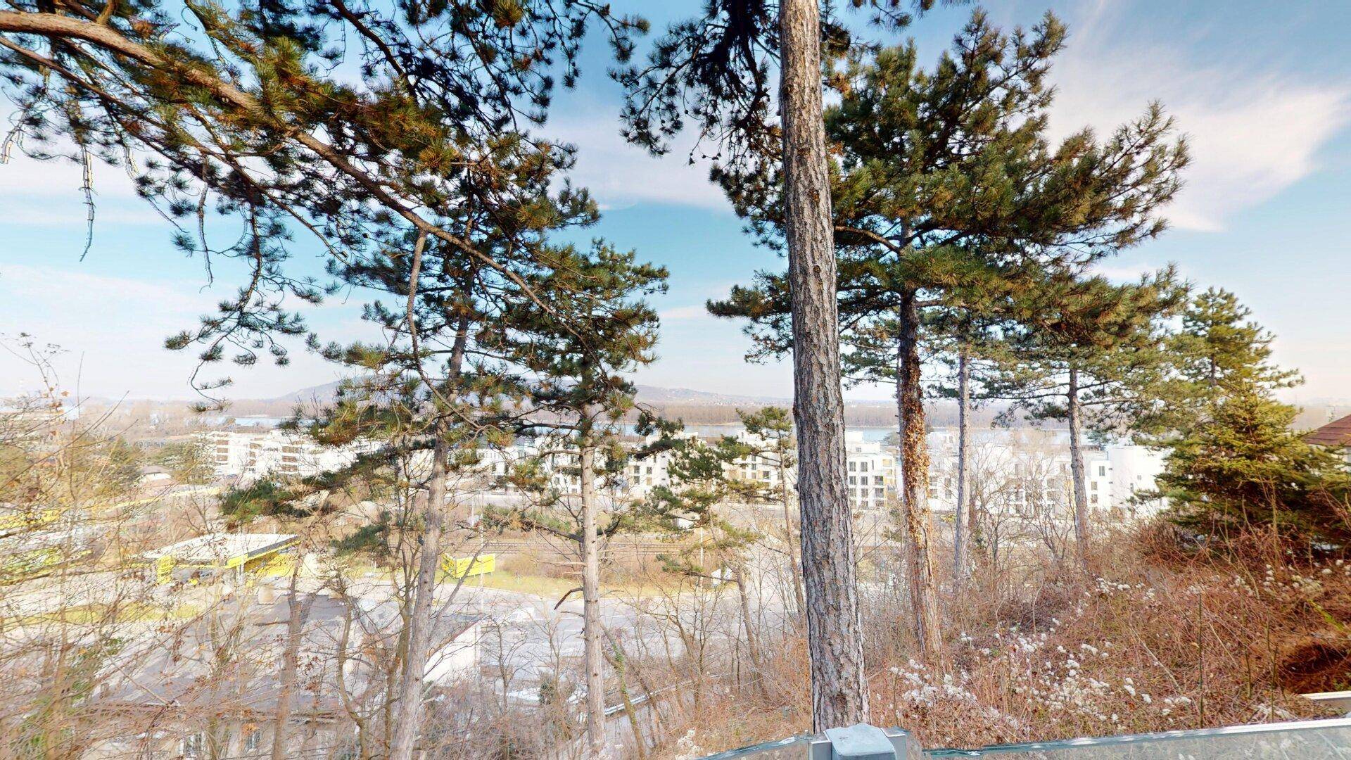 Panoramablick über die Stadt und die umliegende Landschaft mit bewaldeten Hügeln im Hintergrund.
