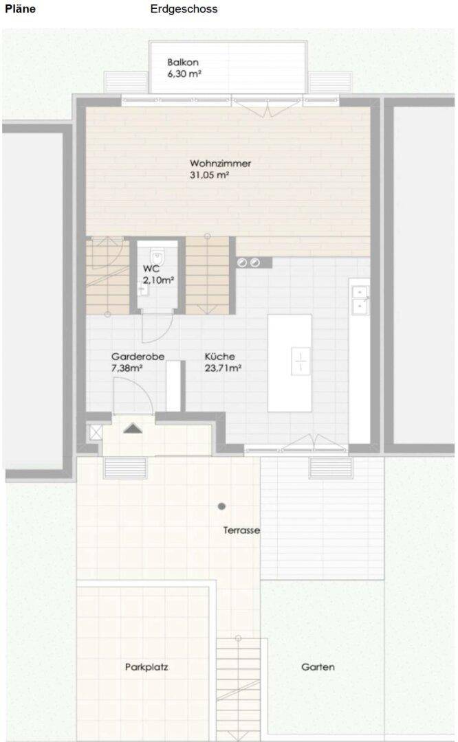 Grundriss des Erdgeschosses mit Wohnzimmer, Küche, WC, Balkon, Terrasse und Garten.