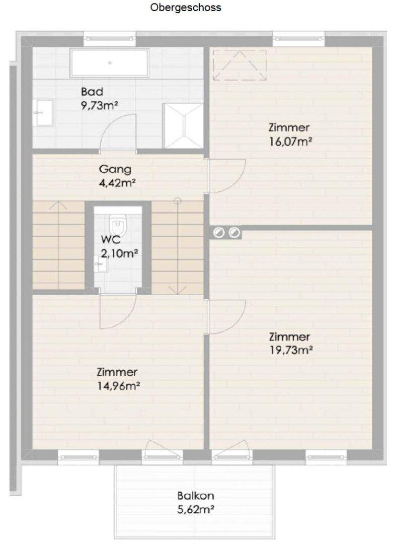 Grundriss des Obergeschosses mit Bad, WC, Flur, drei Zimmern und einem weiteren Balkon.