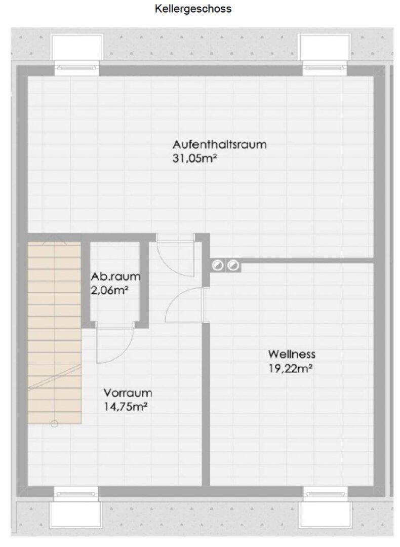 Grundriss des Kellergeschosses mit Aufenthaltsraum, Abstellraum, Vorraum und Wellnessbereich.