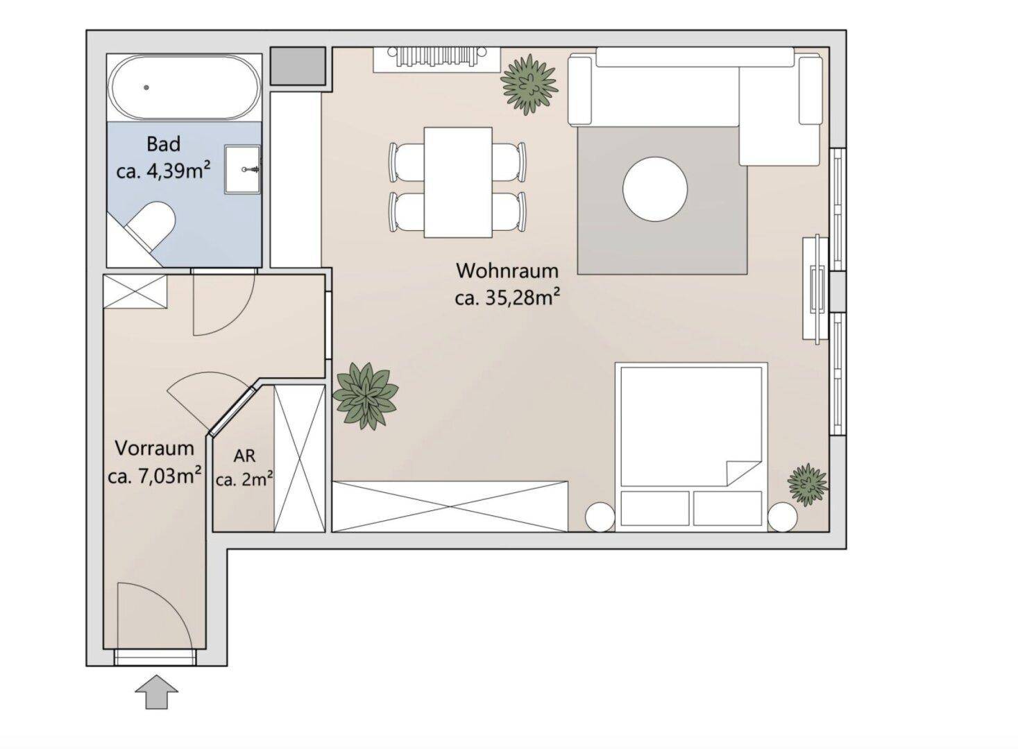 Grundriss einer Wohnung mit offenem Wohnraum, Bad und Vorraum, inklusive Flächenangaben.