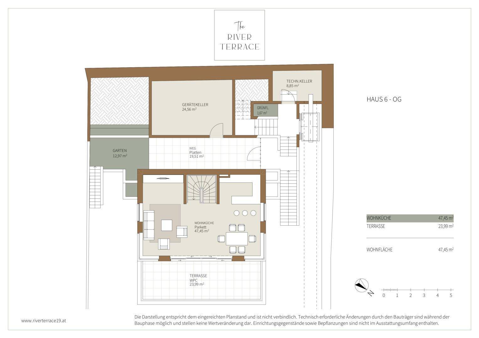 Grundriss des Obergeschosses von Haus 6 mit Wohnküche, großer Terrasse und Abstellraum.