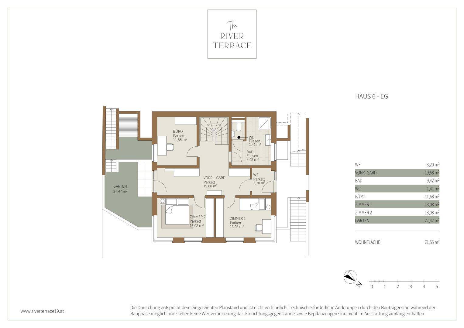Grundriss des Erdgeschosses von Haus 6 mit Büro, zwei Zimmern, Bädern und Garten.