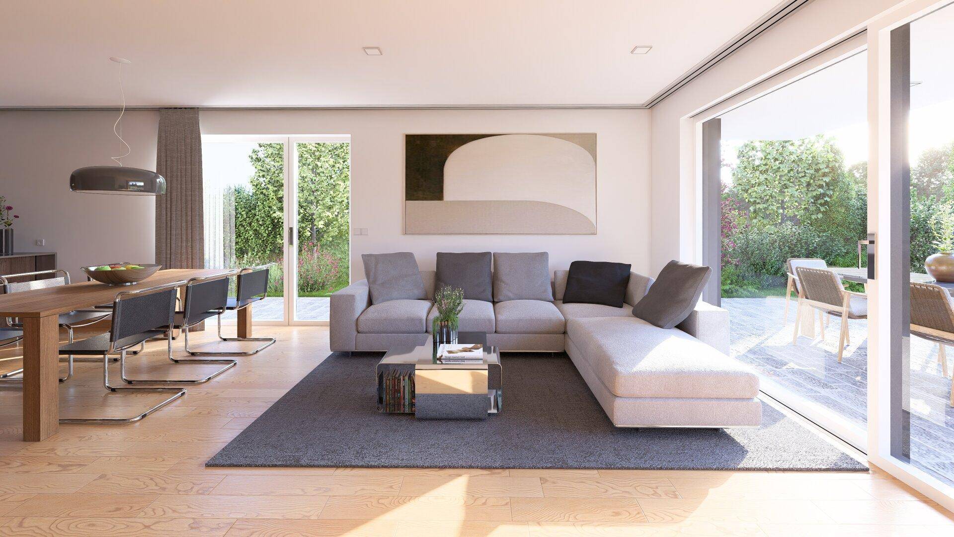 Lichtdurchfluteter Wohnbereich mit großzügiger Couch, Holzboden und Blick in den Garten.