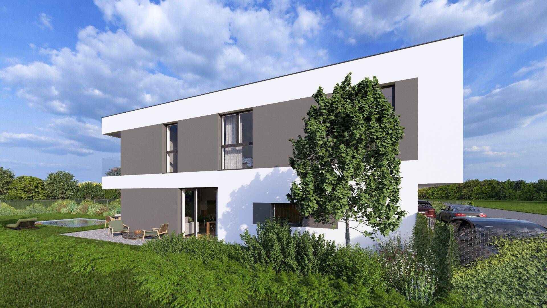 Seitenansicht der modernen Doppelhaushälfte mit Garten, Pool und Terrasse.