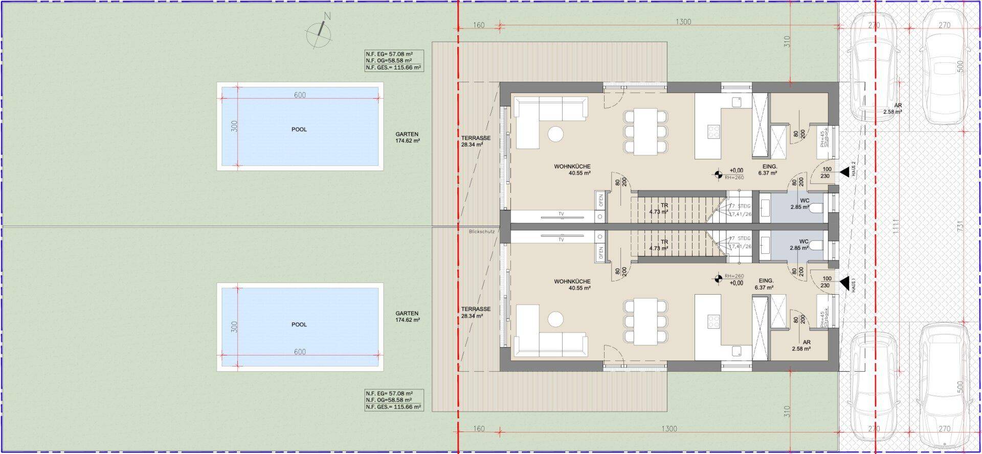 Grundriss des Erdgeschosses mit offenem Wohnbereich, Terrasse und Pool.