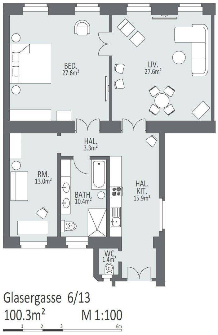 Grundriss der Wohnung mit 100.3m² und einer klaren Raumaufteilung.