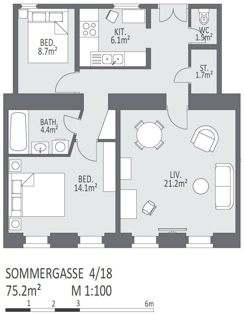 Grundriss der Wohnung mit zwei Schlafzimmern, einem Wohnbereich, Küche und zwei Bädern.
