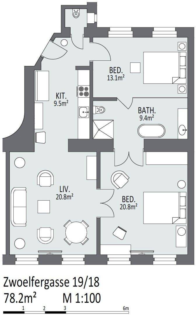 Grundriss der Wohnung mit zwei Schlafzimmern, Wohnbereich und Küche auf 78.2m².