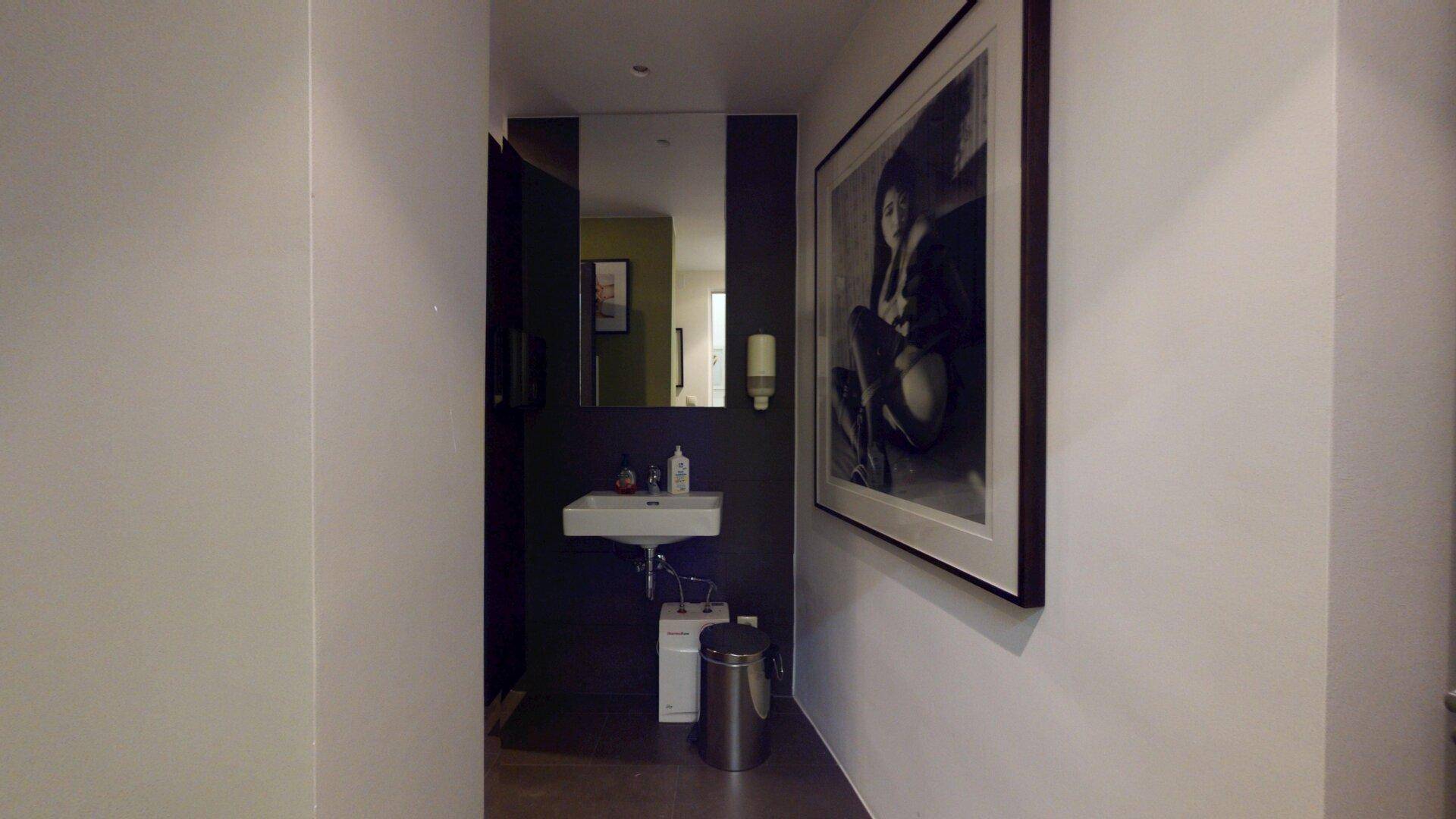 Modernes Gäste-WC mit Waschbecken, Spiegel und dunklen Wandfliesen.