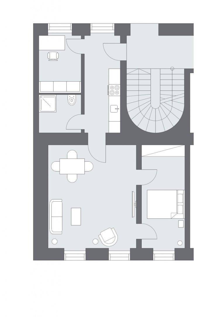 Übersichtlicher Grundriss der Wohnung mit verschiedenen Funktionsbereichen.