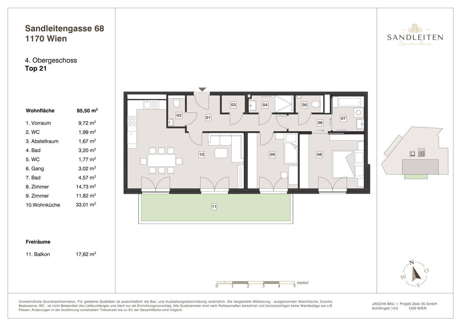 Grundriss der Wohnung Top 21 im 4. Obergeschoss mit Balkon und offener Wohnküche.