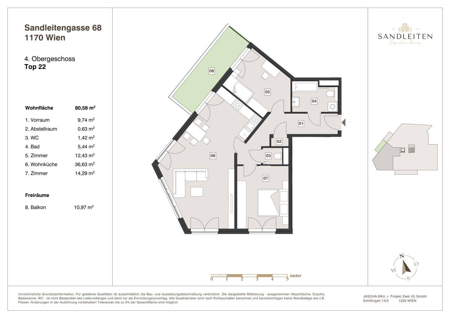 Detaillierter Grundriss der Wohnung Top 22 im 4. Obergeschoss mit Balkon.