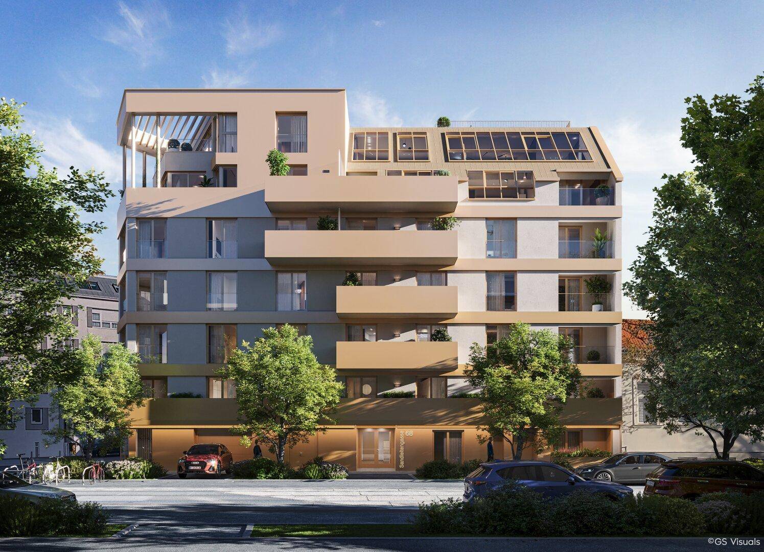 Rückansicht eines modernen Wohngebäudes mit Balkonen und Dachfenstern.