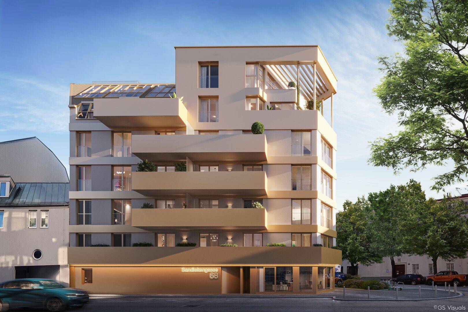 Moderne Gebäudefassade mit Balkonen und Dachterrassen in urbaner Umgebung.