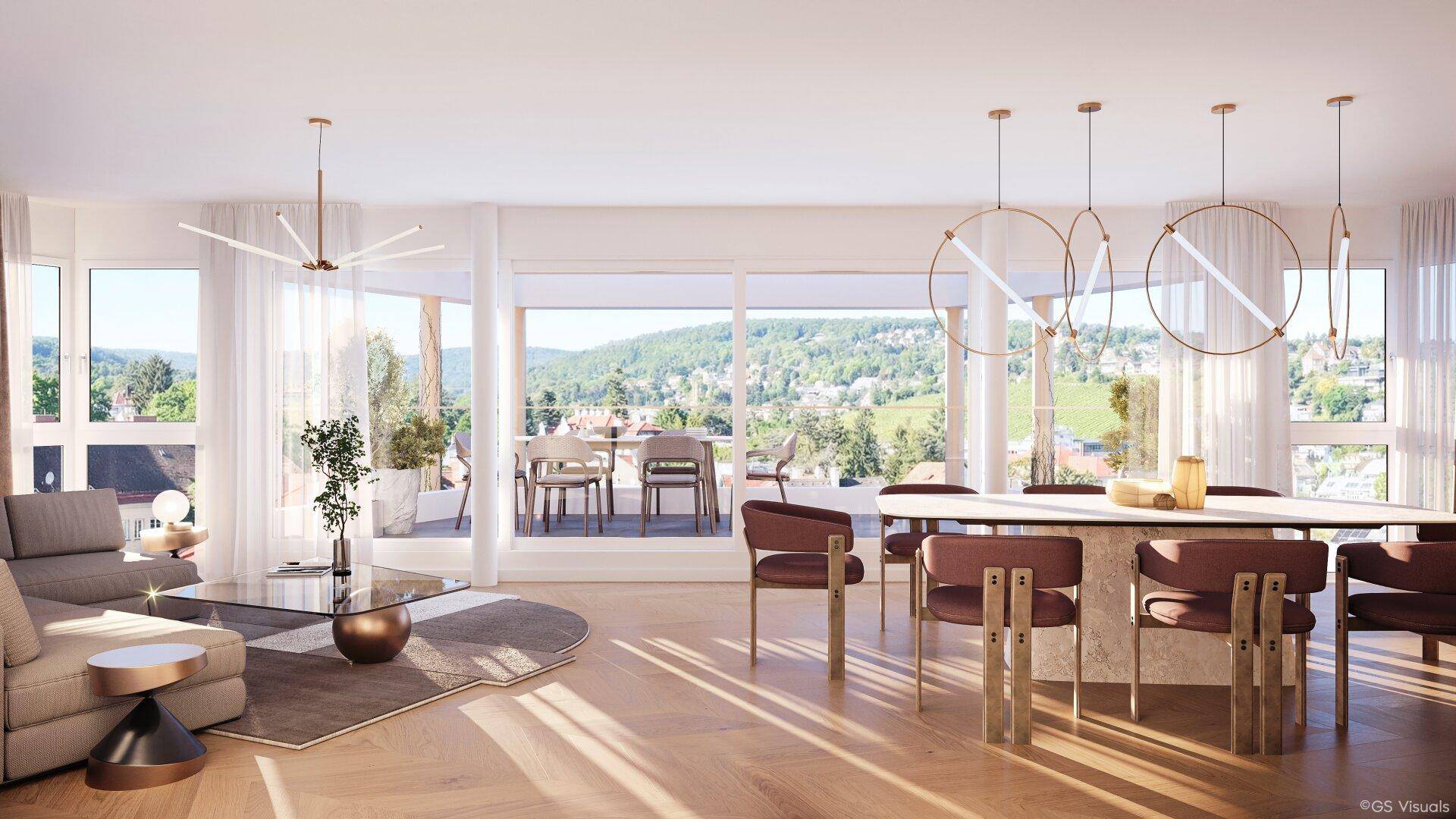 Geräumiger Wohn-Essbereich mit Panoramablick, Holzboden und großer Terrasse.