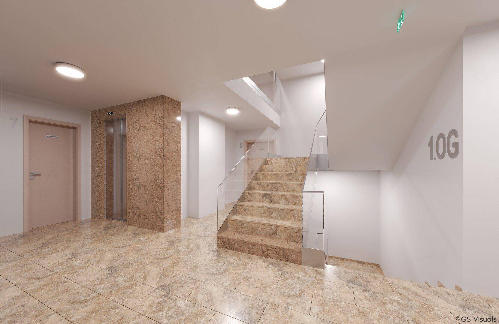 Heller Treppenaufgang mit modernem Design, Glasgeländer und Aufzugzugang.