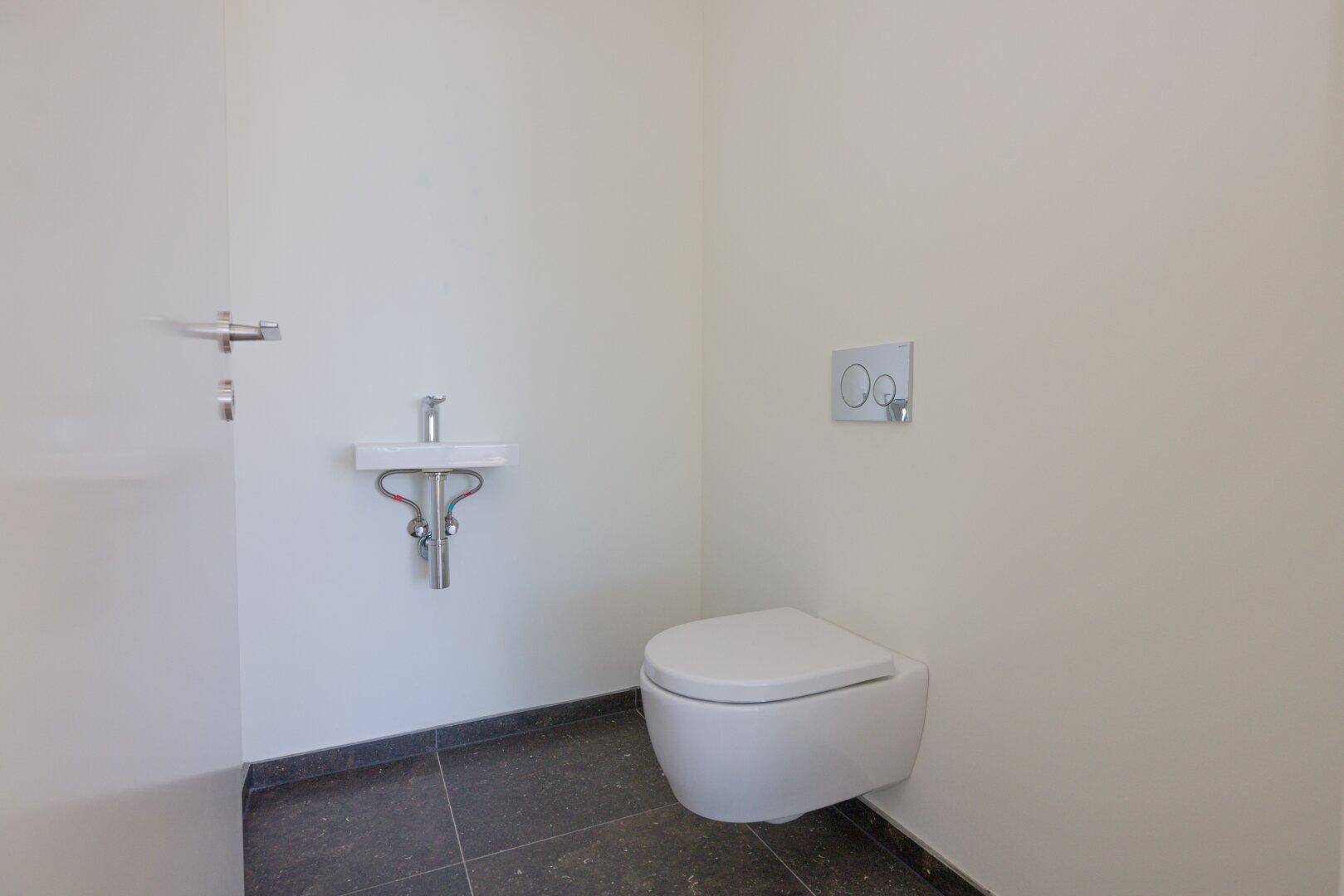 Modernes Gäste-WC mit wandhängender Toilette und kleinem Waschbecken.