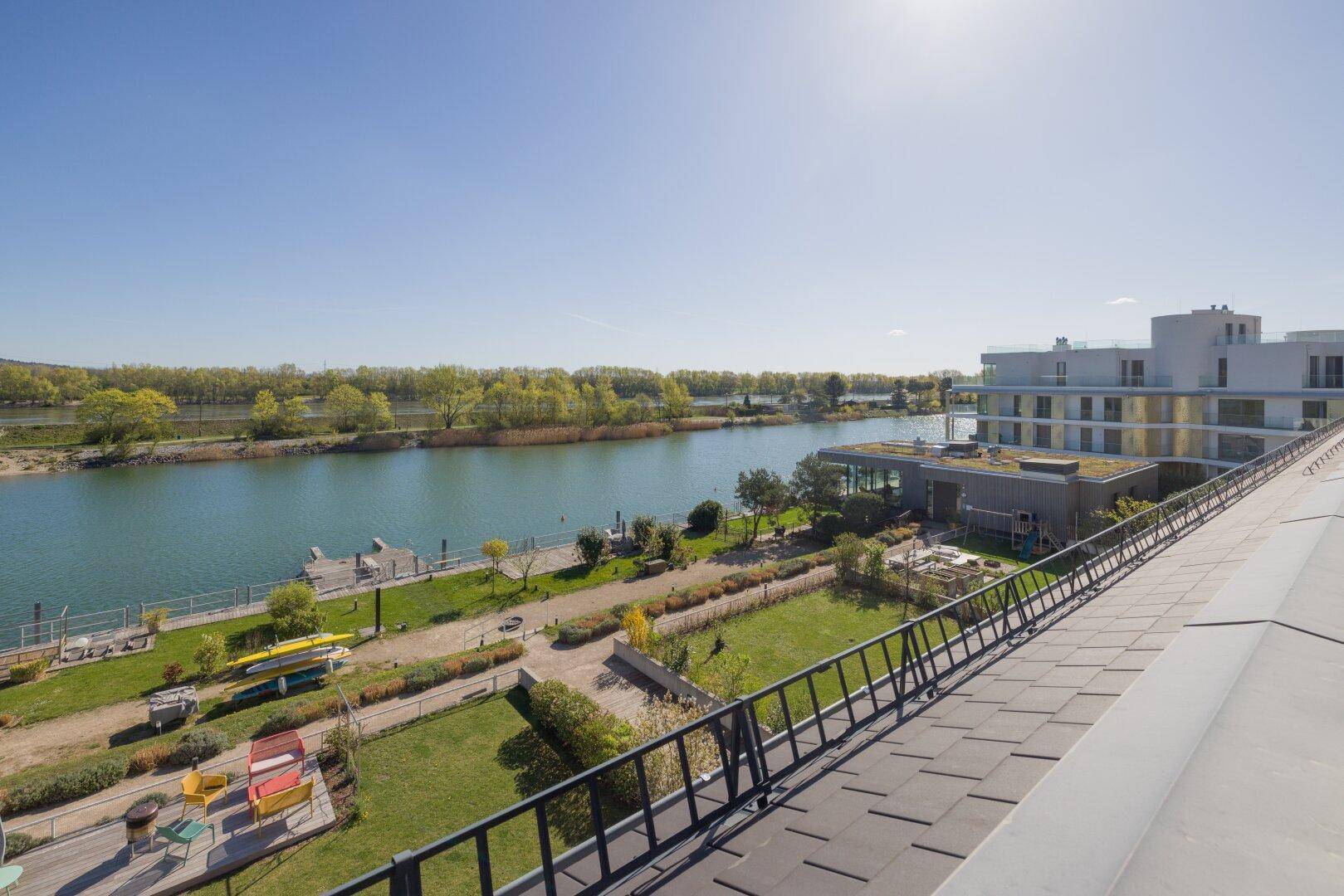 Weitläufige Dachterrasse mit Blick auf den See, Grünflächen und angrenzende Gebäude.