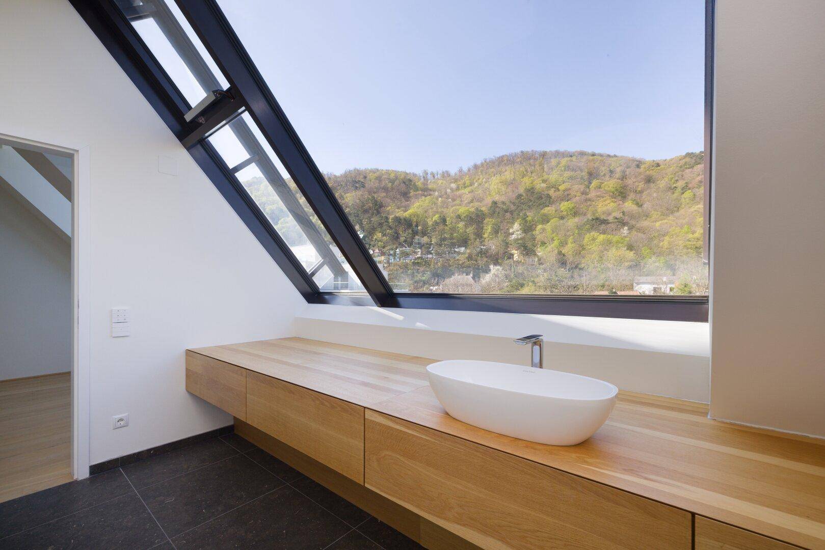 Modernes Badezimmer mit Einzelwaschbecken auf Holzunterschrank und Panoramablick.