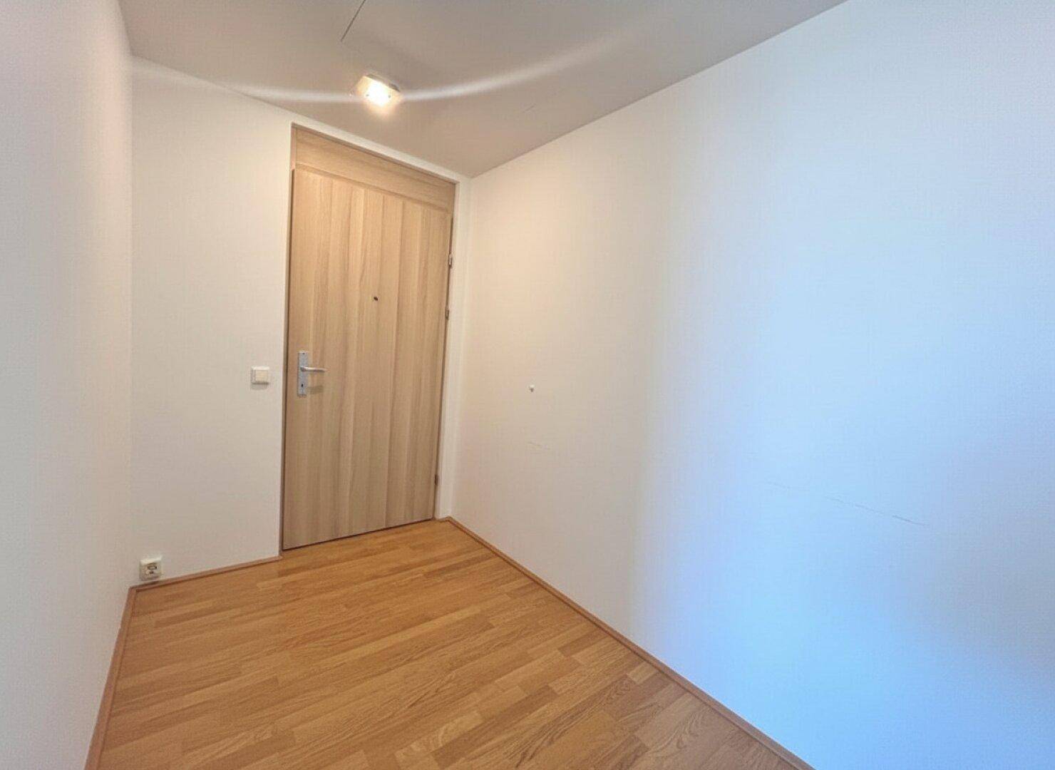 Heller Eingangsbereich mit Holzboden und einer modernen Holztür.