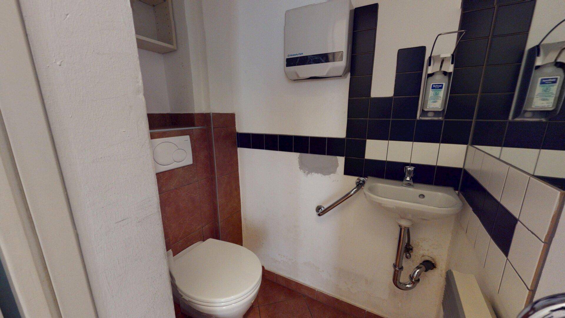 Kleine Gästetoilette mit Waschbecken, WC und Fliesen in Braun und Schwarz-Weiß.