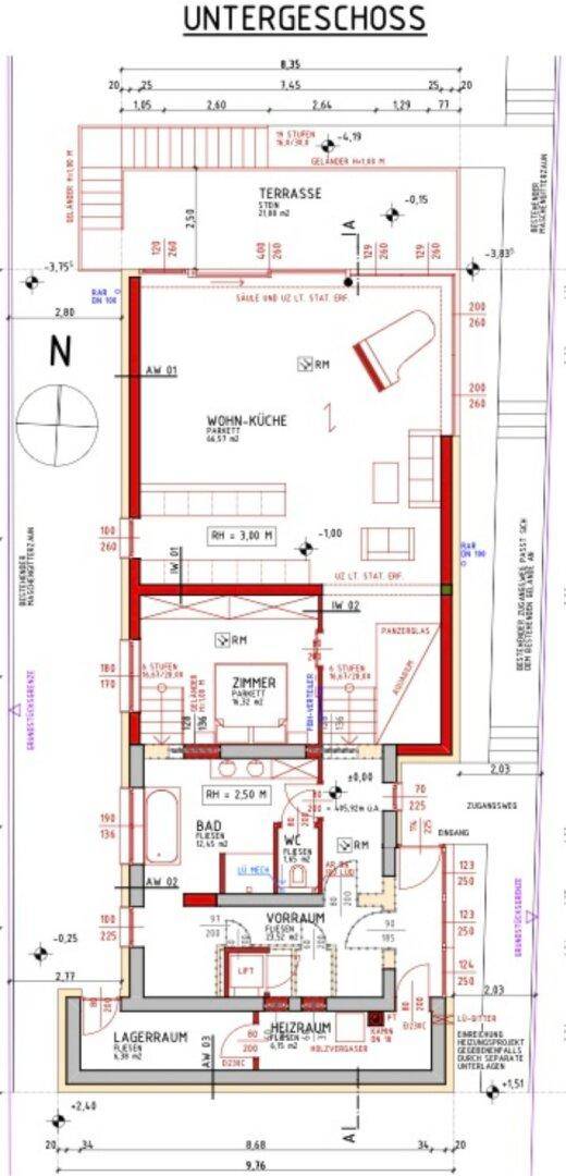 Grundriss des Untergeschosses mit Wohnküche, Zimmer, Bad, WC und Terrasse.