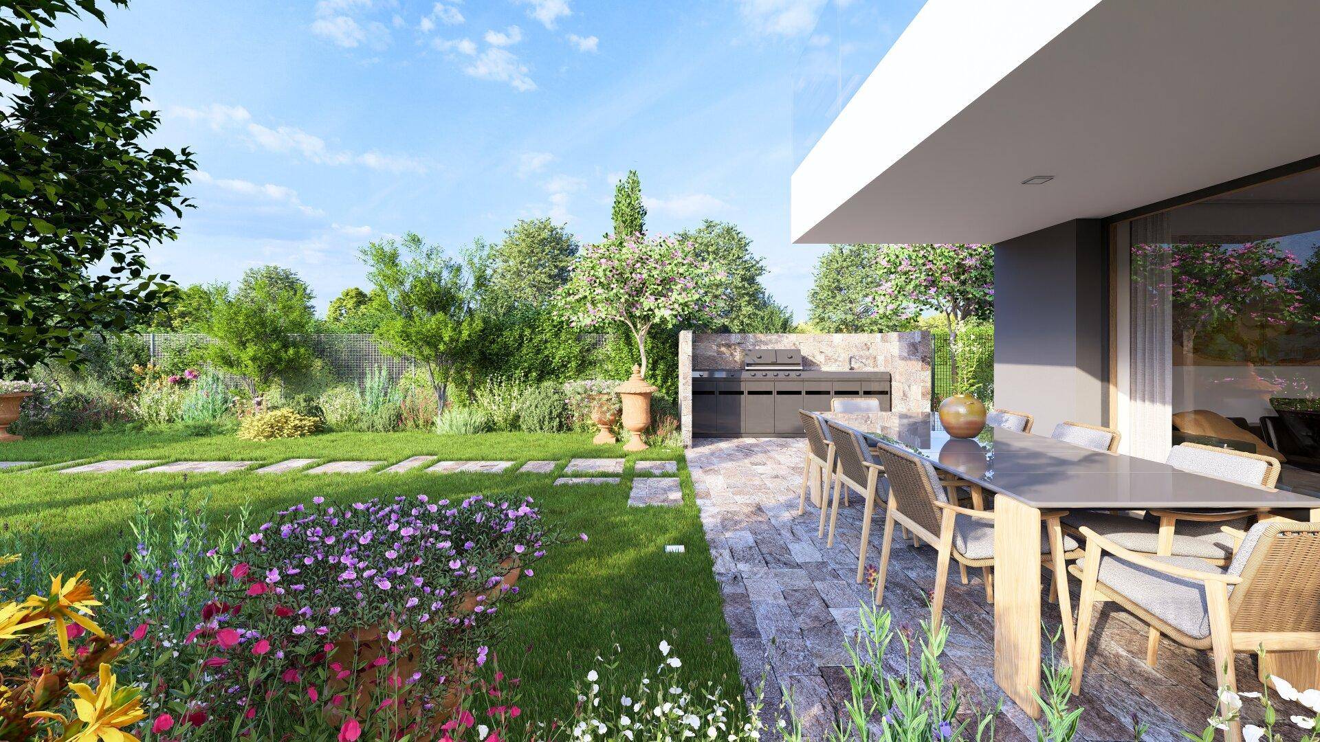 Großer Garten mit gepflasterter Terrasse, Essbereich im Freien und integriertem Grillplatz.