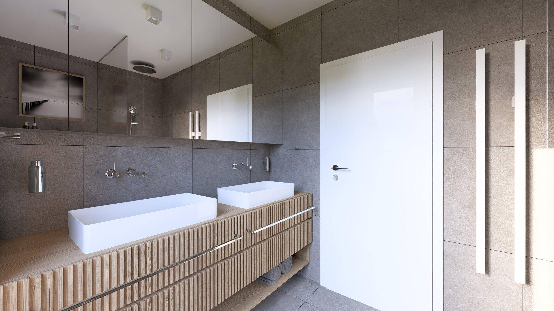 Modernes Badezimmer mit Doppelwaschbecken, Holzunterschrank und grauen Fliesen.