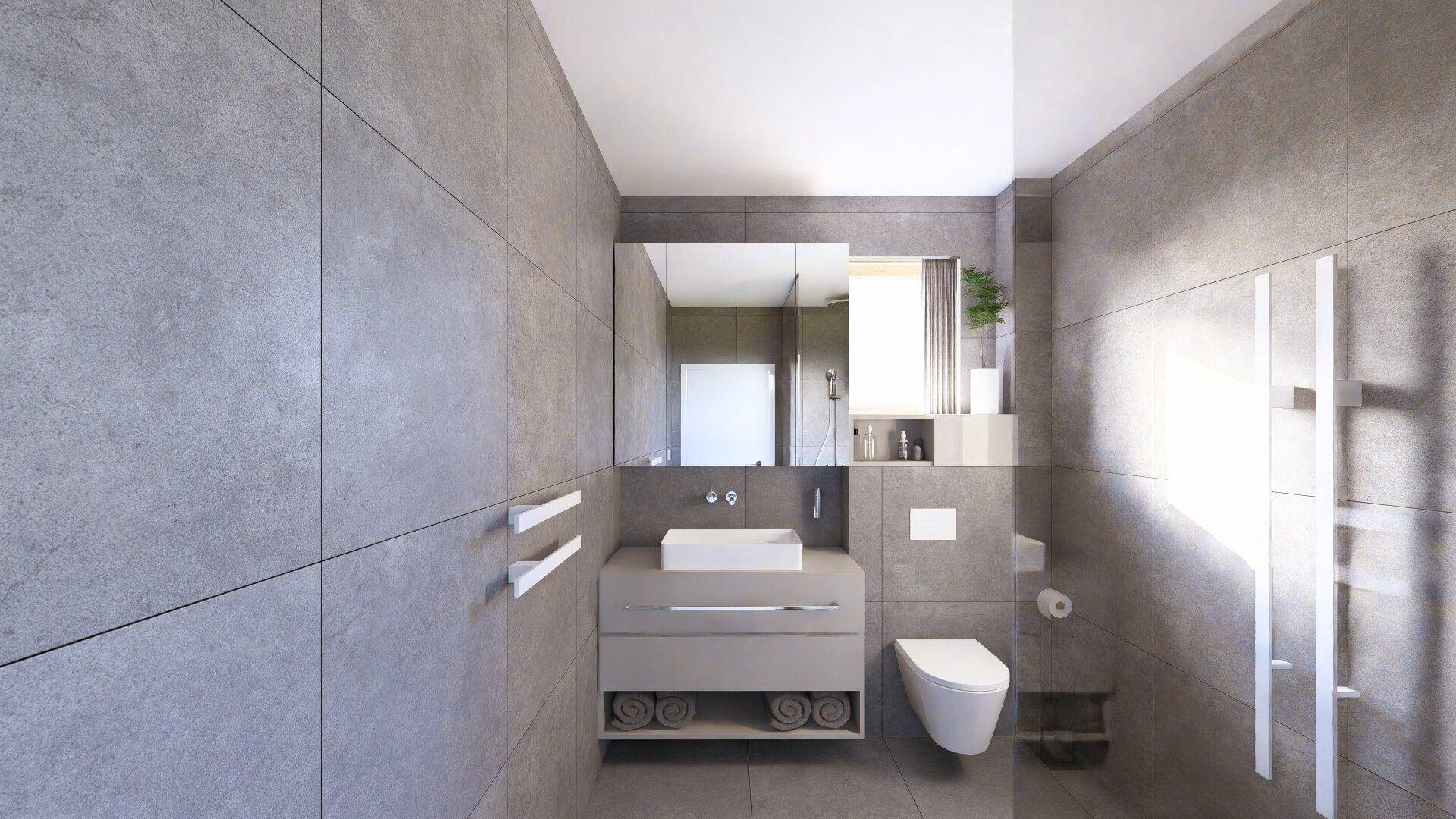 Zeitgemäßes Badezimmer mit Einzelwaschbecken, wandhängendem WC und großformatigen grauen Fliesen.