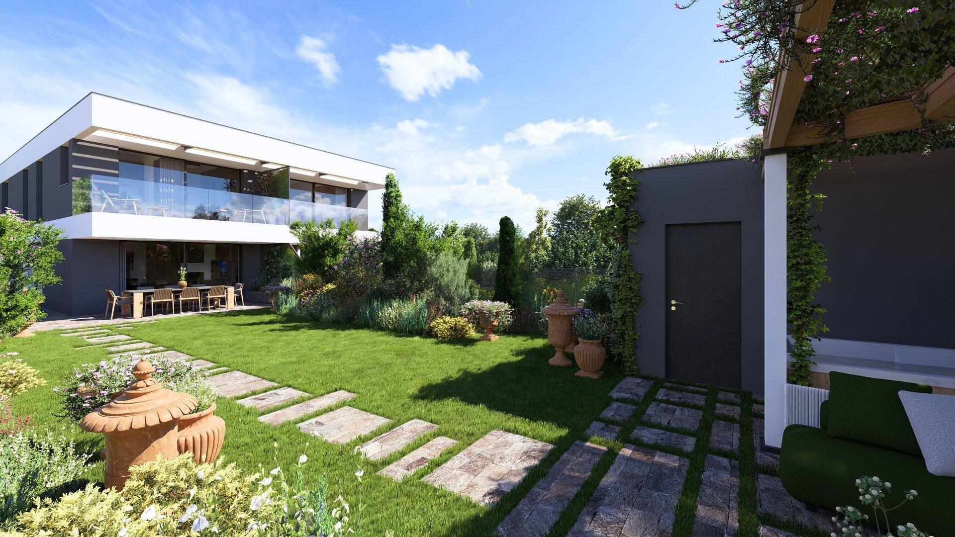 Modernes Haus mit großem Garten, Terrasse und separatem Loungebereich unter freiem Himmel.