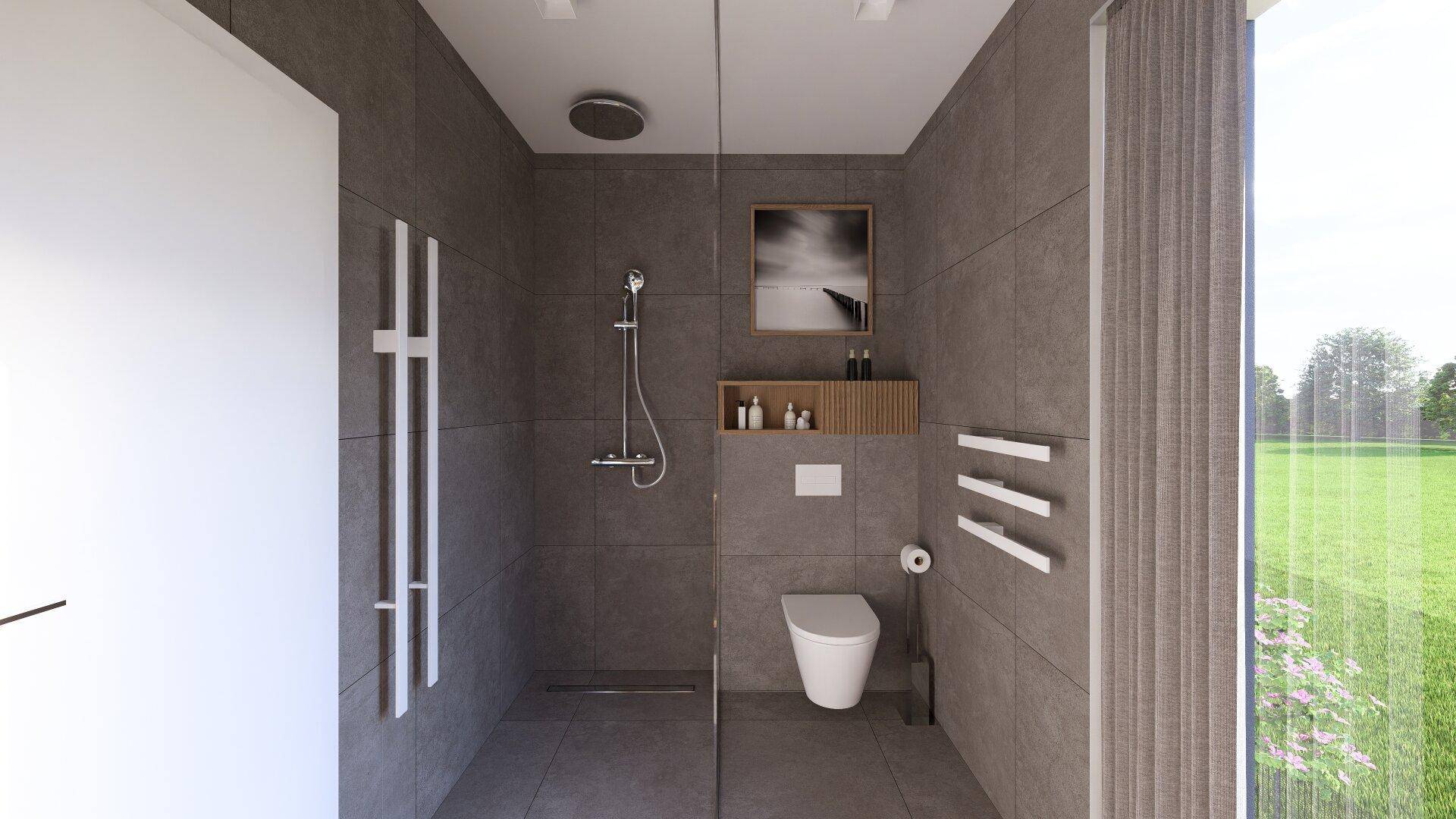 Modernes Badezimmer mit ebenerdiger Dusche, Wand-WC und großformatigen Fliesen in Grau.