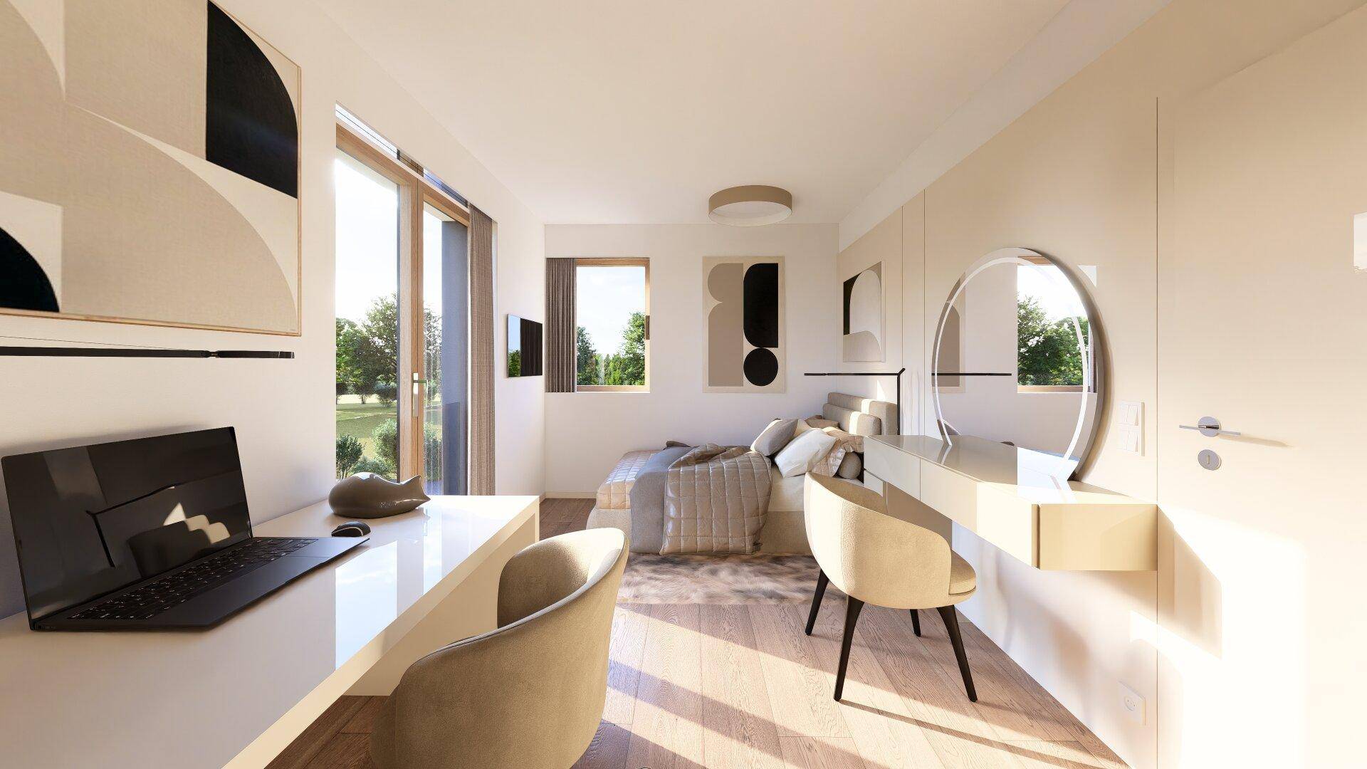 Modernes Schlafzimmer mit Arbeitsbereich, Schminktisch und Zugang zum Balkon mit grüner Aussicht.