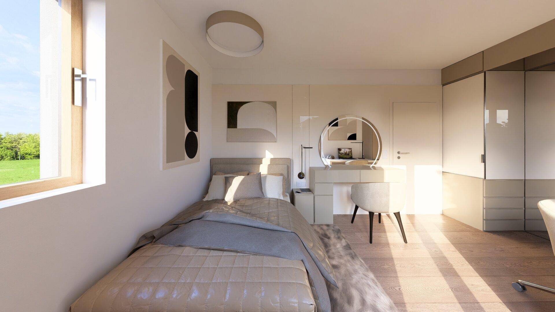 Gemütliches Schlafzimmer mit Einzelbett, Holzboden und viel Tageslicht, modern eingerichtet.