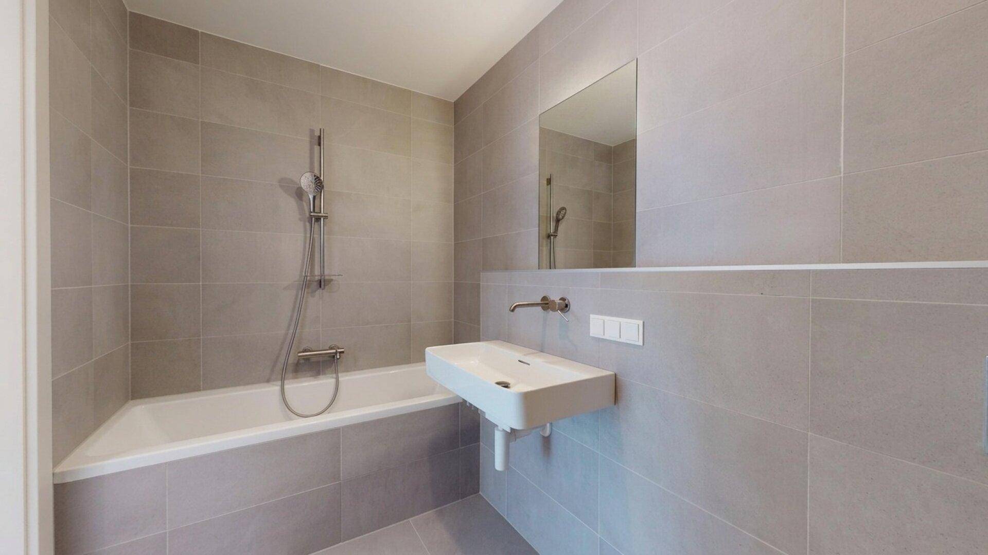 Modernes Badezimmer mit Badewanne, integrierter Dusche und elegantem Waschbecken.