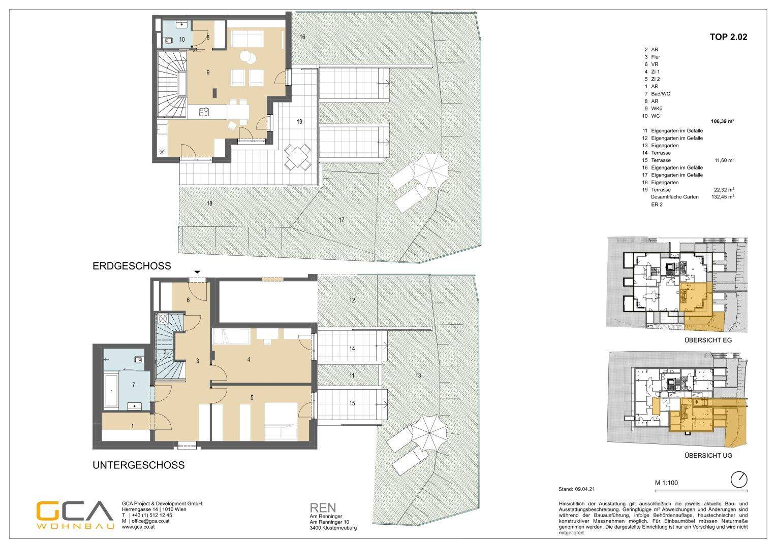 Grundrisspläne für Erdgeschoss und Untergeschoss mit Terrassen und Gartenbereichen, inklusive Raumaufteilung.
