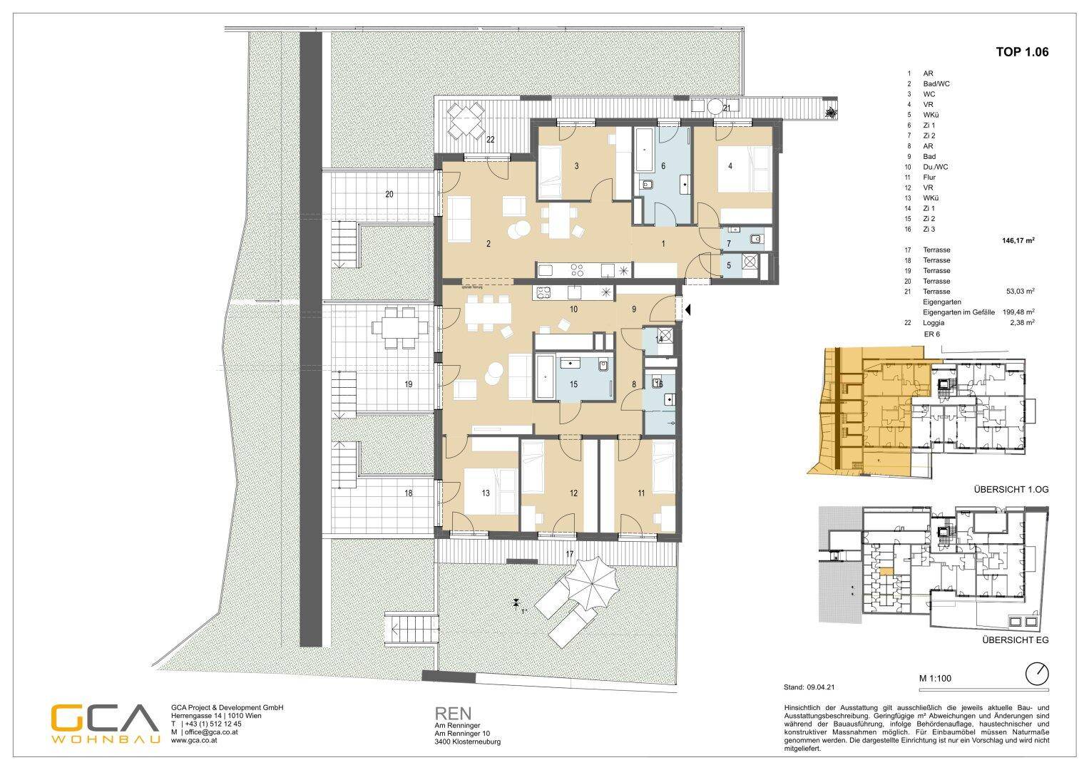 Detaillierter Grundriss einer großzügigen Wohnung mit offenem Wohnbereich, drei Schlafzimmern, zwei Bädern, Gäste-WC und mehreren Terrassen sowie einem Garten.