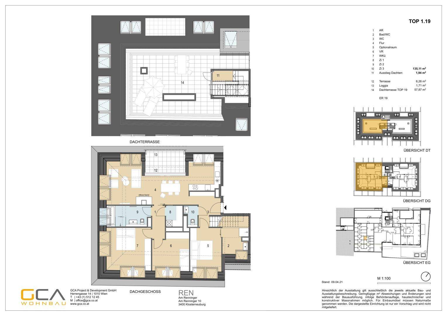 Dieser Grundriss zeigt eine Penthouse-Wohnung mit offenem Wohnbereich, Loggia, Terrasse und einer großen Dachterrasse.