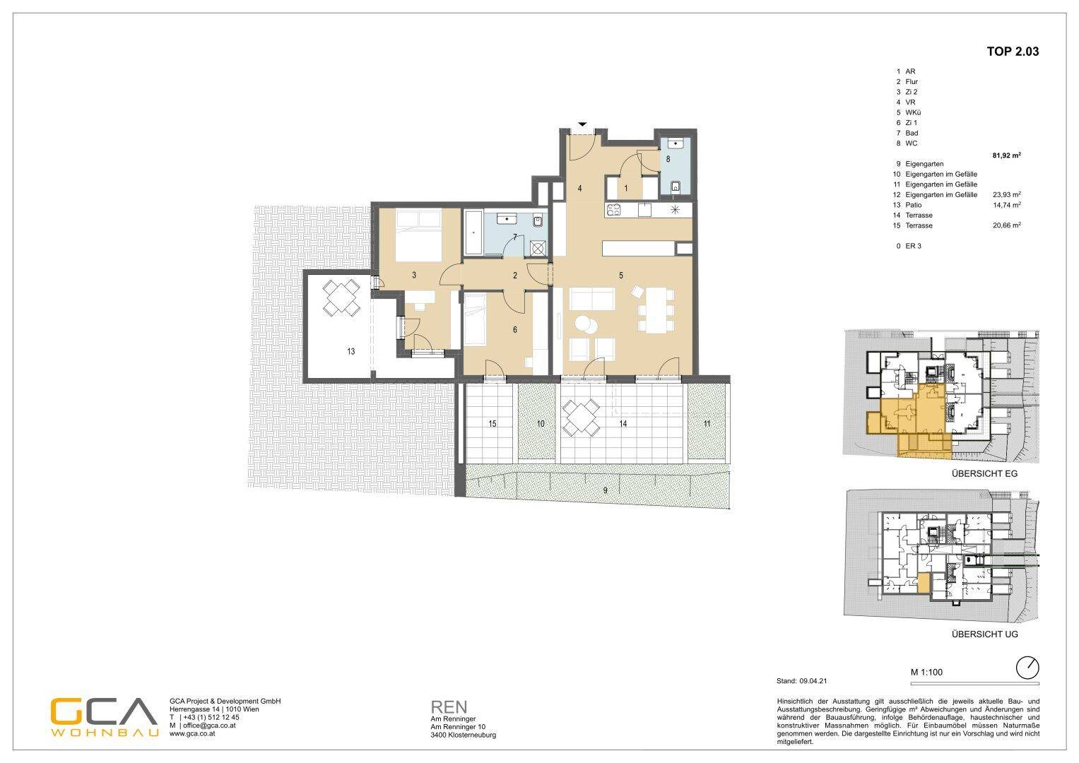 Grundriss einer Wohnung mit offenem Wohn-Essbereich, zwei Schlafzimmern, zwei Bädern und mehreren Terrassen sowie Gartenflächen.