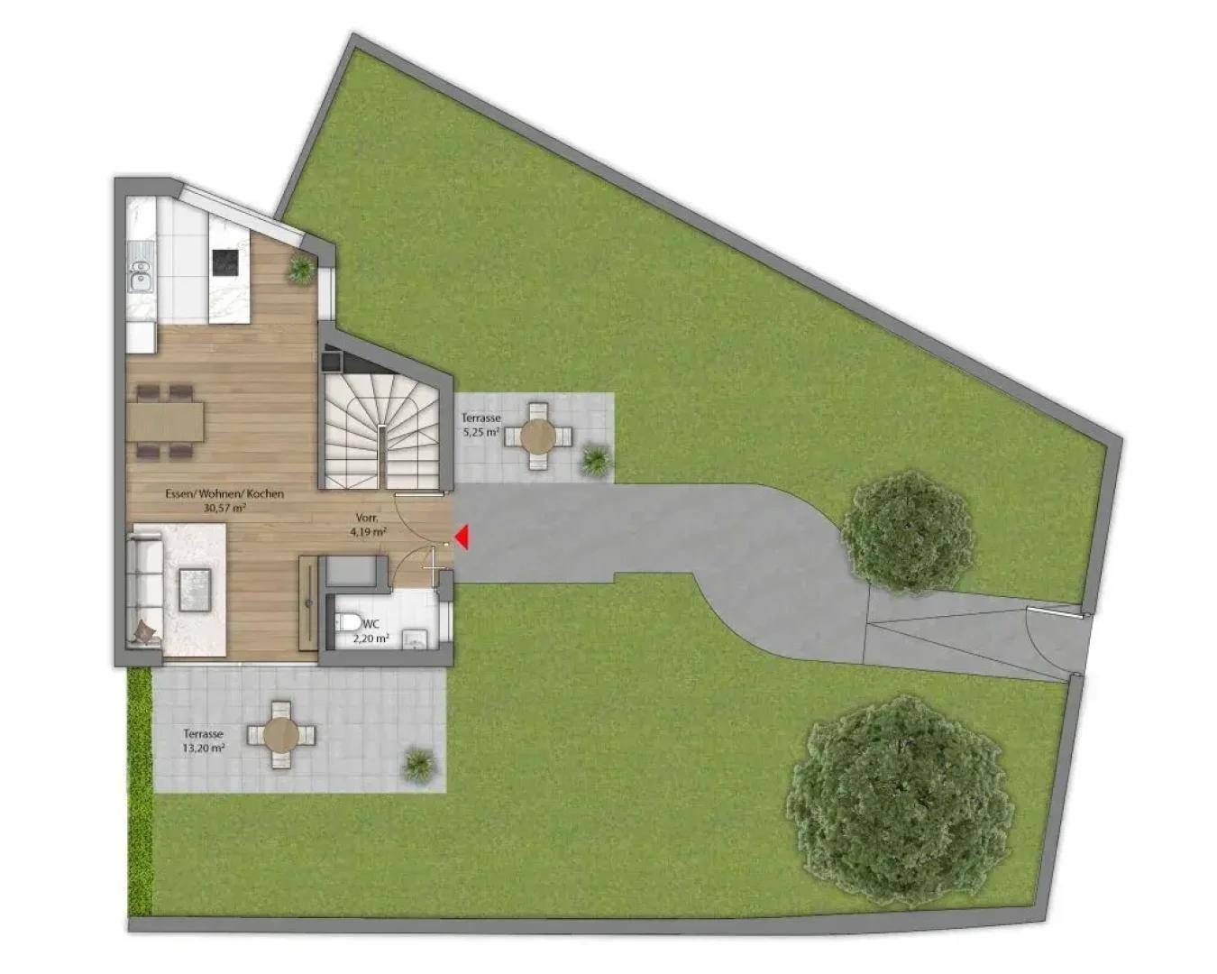 Grundriss des Erdgeschosses mit offenem Wohn-Essbereich, Küche, Gäste-WC und zwei Terrassen mit Garten.