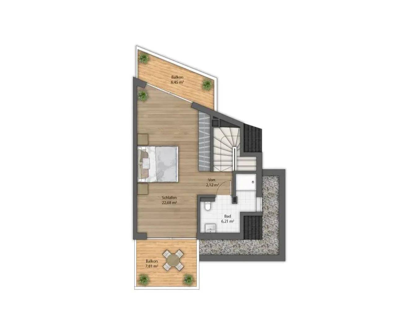 Grundriss des Dachgeschosses mit einem Schlafzimmer, einem Badezimmer und zwei Balkonen.