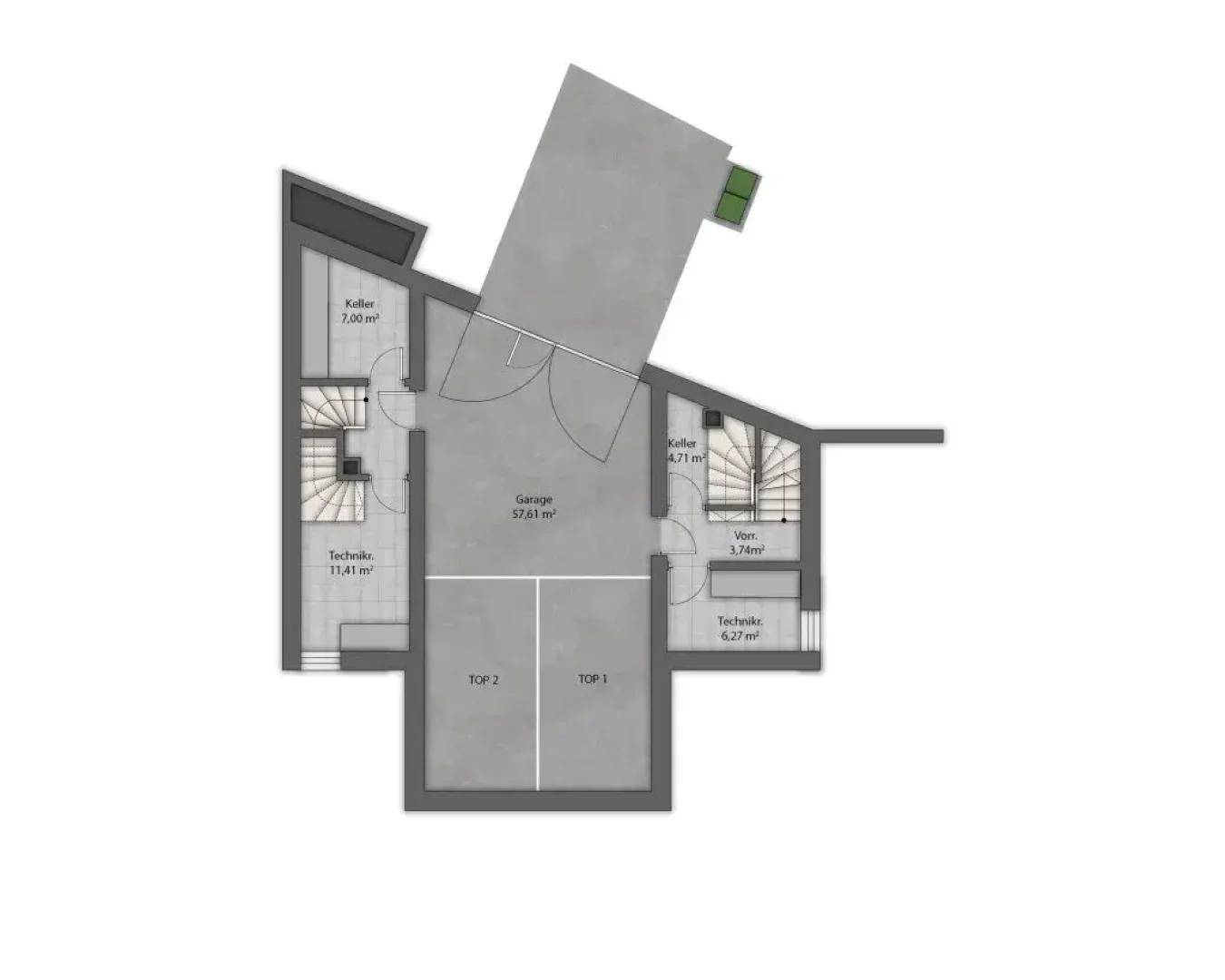 Grundriss des Untergeschosses mit Garage, zwei Kellerräumen und Technikbereichen.